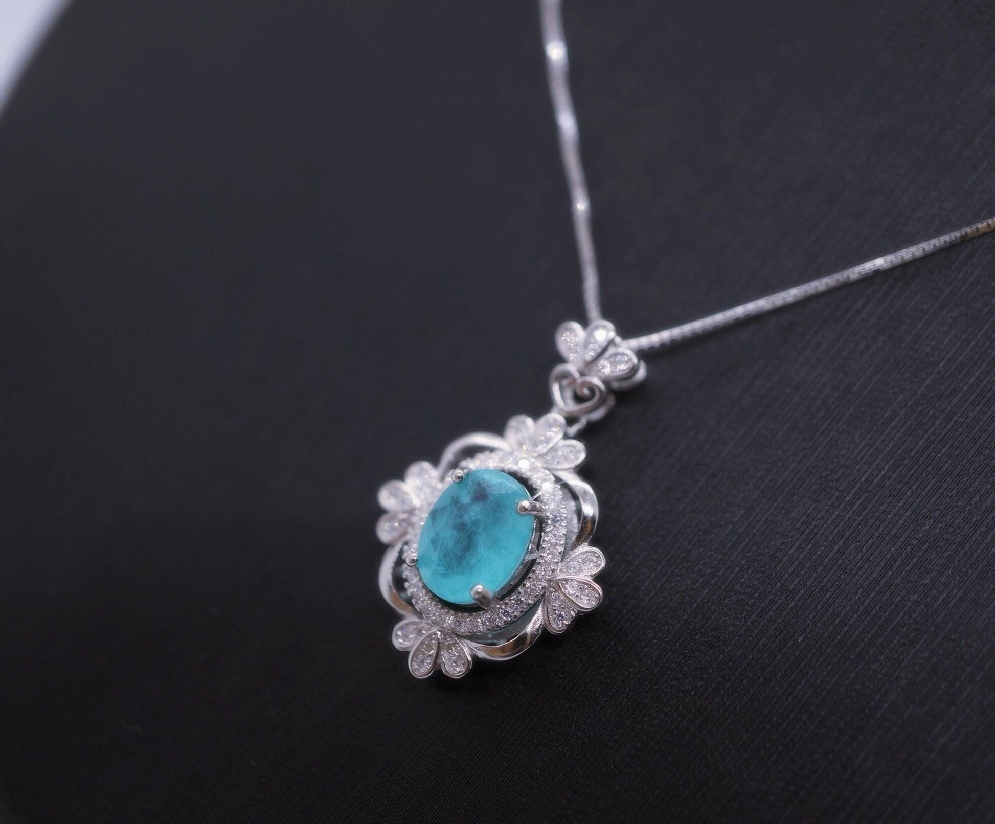Paraiba Tourmaline Necklace - 18KGP @ Sterling Silver - Royal Flower Blue Gemstone Necklace - Green Paraiba Pendant #539