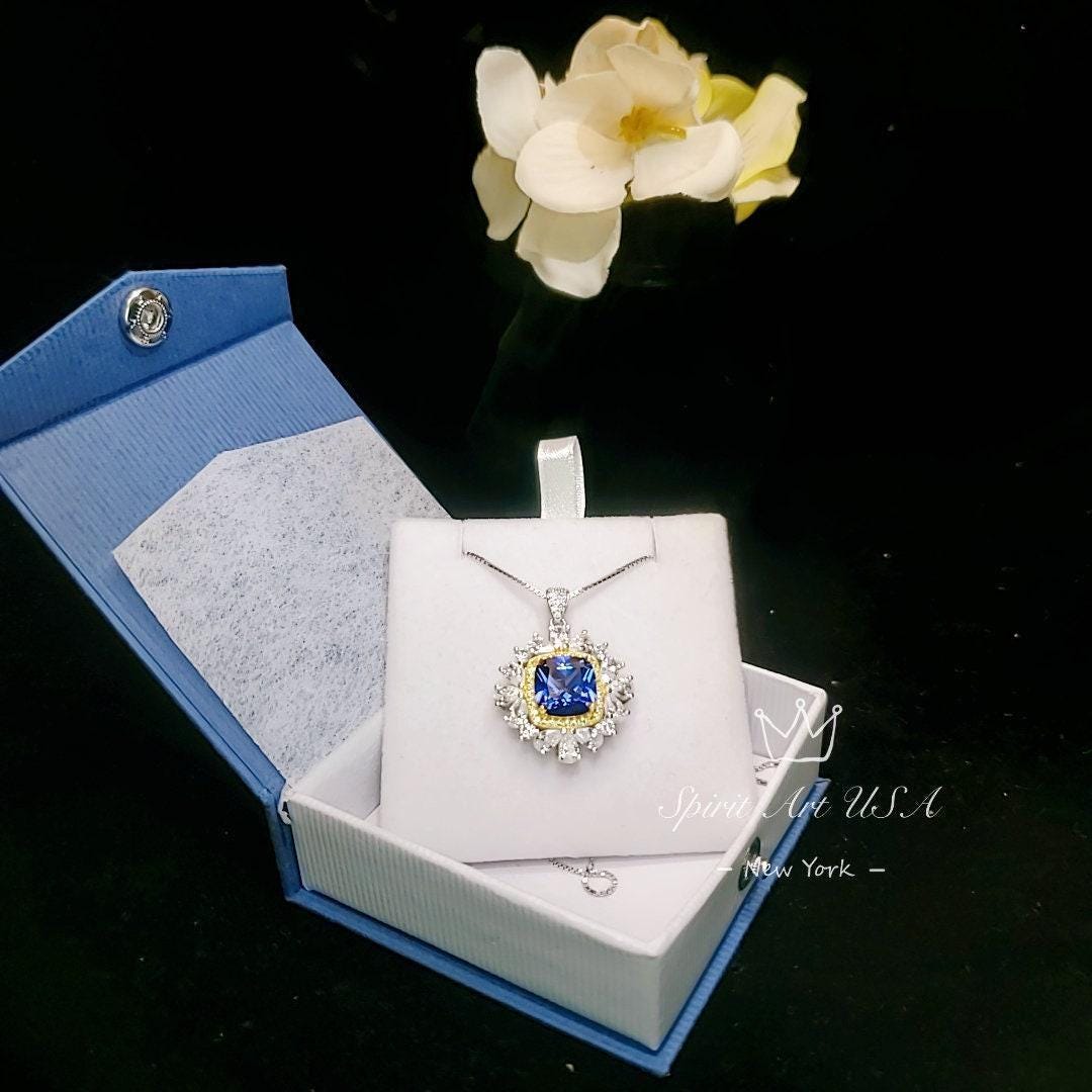 Large Square Tanzanite Necklace - Gemstone Halo Square Sterling Silver 18KGP - 7 CT 10 MM Lab Created Tanzanite Jewelry #810