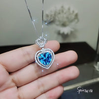Large Blue Topaz Heart Necklace Full Sterling Silver Ocean Heart of the Ocean My Heart Will Go ON Topaz Pendant 1101