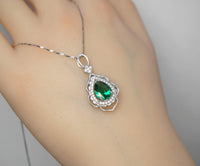 Large Emerald Necklace - 18KGP Sterling Silver - Flower Leaf Teardrop Emerald Jewelry- May Birthstone - Solitaire Halo Emerald Pendant #535