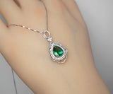 Large Emerald Necklace - 18KGP Sterling Silver - Flower Leaf Teardrop Emerald Jewelry- May Birthstone - Solitaire Halo Emerald Pendant #535