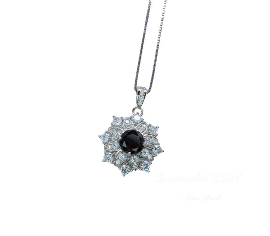 Garnet Necklace - Gemstone Flower Pendant - 18kgp @ Sterling Silver - Red Garnet Jewelry #603