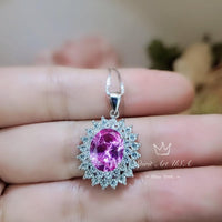 Pink Tourmaline Necklace - Two Layer Gemstone Halo 2.8 CT Pink Tourmaline Pendant - White Gold coated sterling silver #568