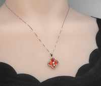 Red Orange Sunstone Necklace - Four leaf clover Tangerine Orange Sapphire Pendant - Sterling Silver Spessartite Garnet Jewelry 046