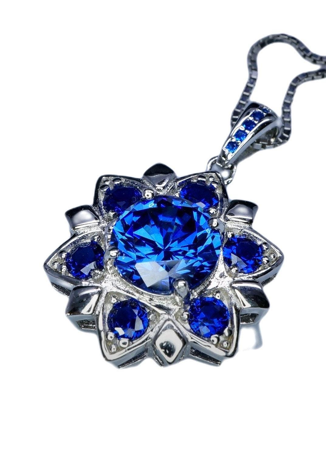 Blue Corundum @ Blue Sapphire Necklace - Blue Sapphire Pendant - 18KGP @ Sterling Silver - Unique Blue corundum 6 Petal Flower Necklace #695