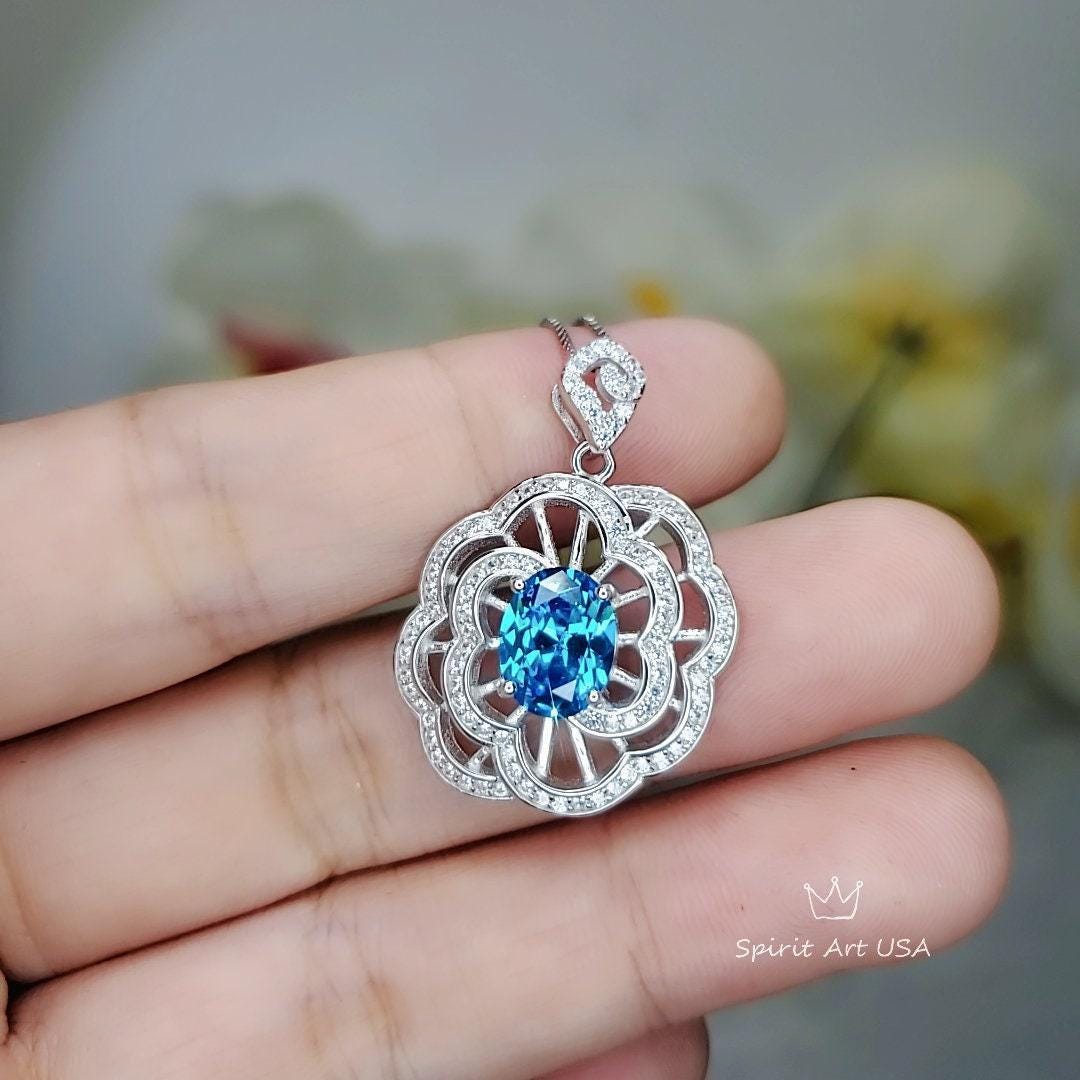 Gemstone Peony Blue Topaz Necklace, 2.1 CT Blue Gemstone Pendant White Gold plated Sterling Silver Flower Jewelry #556