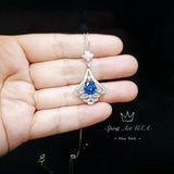 Mandolin flower Blue Sapphire Necklace - 1.2 ct Trillion Cut Blue Sapphire Pendant - White Gold coated Sterling Silver Gemstone Design #675