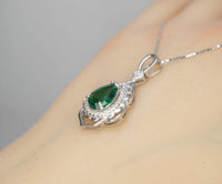 Large Emerald Necklace - 18KGP Sterling Silver - Flower Leaf Teardrop Emerald Jewelry- May Birthstone - Solitaire Halo Emerald Pendant #535