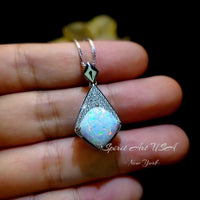 Rhombic Style White Opal Necklace - 18KGP Sterling Silver - Diamond Cushion Cut - Large White Synthetic Opal Pendant October Birthstone #968