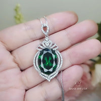 13 CT Large Emerald Necklace Royal Crown Oval Emerald Pendant Green Gemstone Jewelry Sterling Silver White Gold plated #914