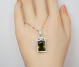 Large Rectangle Green Peridot Necklace Sterling Silver Deep Green August Birthstone Bridal Wedding Luxury Royal Peridot Pendant #1005