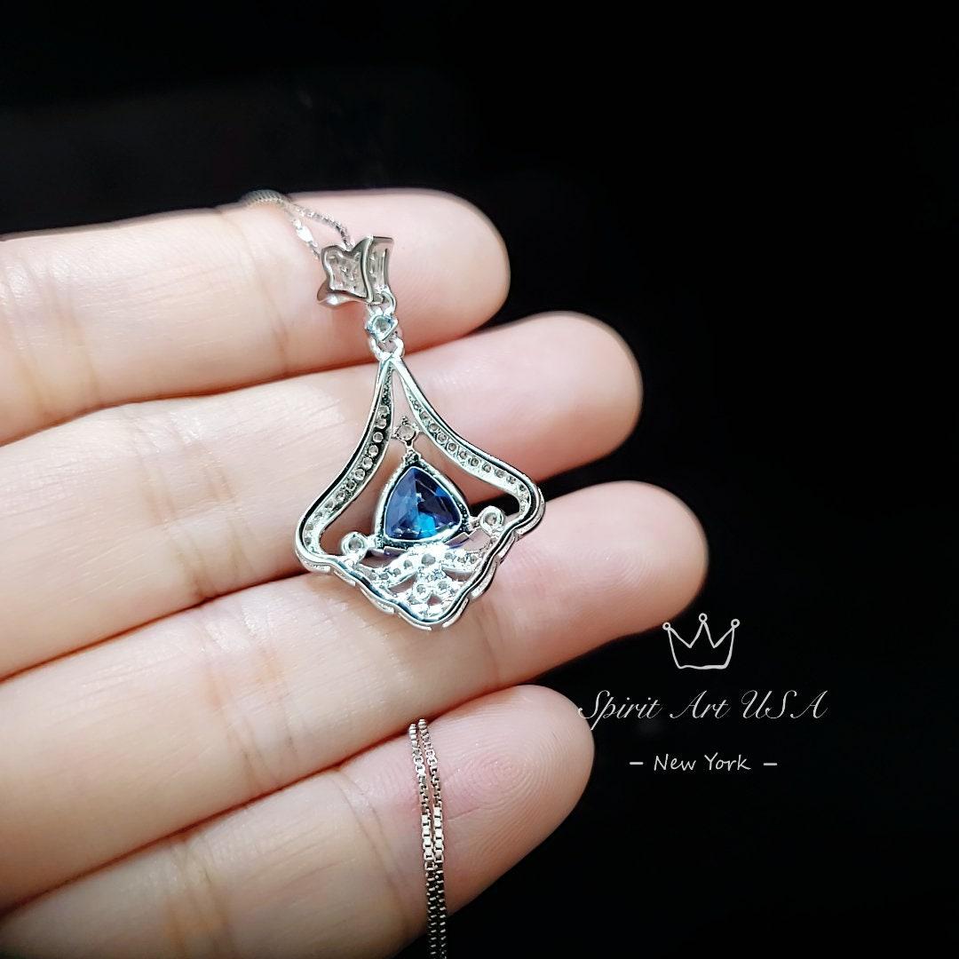 Mandolin flower Blue Sapphire Necklace - 1.2 ct Trillion Cut Blue Sapphire Pendant - White Gold coated Sterling Silver Gemstone Design #675