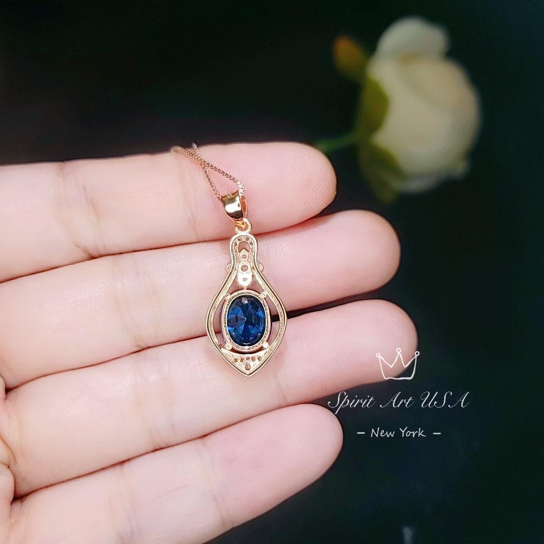 Rose Gold Blue Sapphire Necklace Sterling Silver 3 Ct Oval Large Blue Gemstone Pendant Blue Sapphire Jewelry #647
