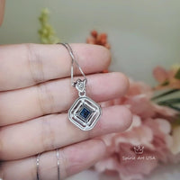 Square Blue Sapphire Necklace - White Gold plated Sterling Silver - 1 CT Blue Sapphire Pendant - Dainty Double Halo Tiny Crown Flower #392