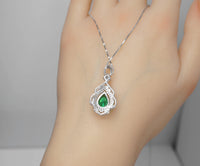 Large Emerald Necklace - 18KGP Sterling Silver - Flower Leaf Teardrop Emerald Jewelry- May Birthstone - Solitaire Halo Emerald Pendant #535