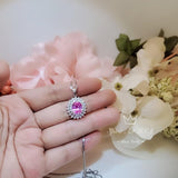 Pink Tourmaline Necklace - Two Layer Gemstone Halo 2.8 CT Pink Tourmaline Pendant - White Gold coated sterling silver #568