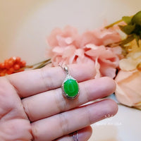 Gorgeous Green Jade Necklace - Diamond Halo Sterling Silver White Gold coated Green Jade Pendant 1038