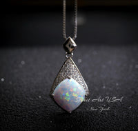 Rhombic Style White Opal Necklace - 18KGP Sterling Silver - Diamond Cushion Cut - Large White Synthetic Opal Pendant October Birthstone #968