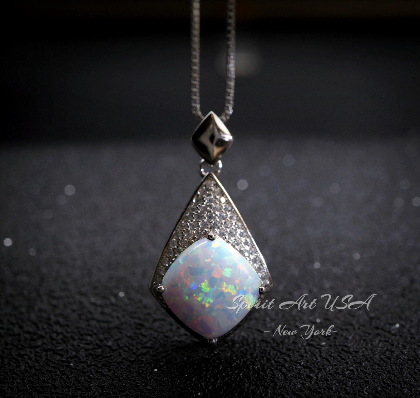 Rhombic Style White Opal Necklace - 18KGP Sterling Silver - Diamond Cushion Cut - Large White Synthetic Opal Pendant October Birthstone #968