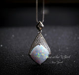 Rhombic Style White Opal Necklace - 18KGP Sterling Silver - Diamond Cushion Cut - Large White Synthetic Opal Pendant October Birthstone #968