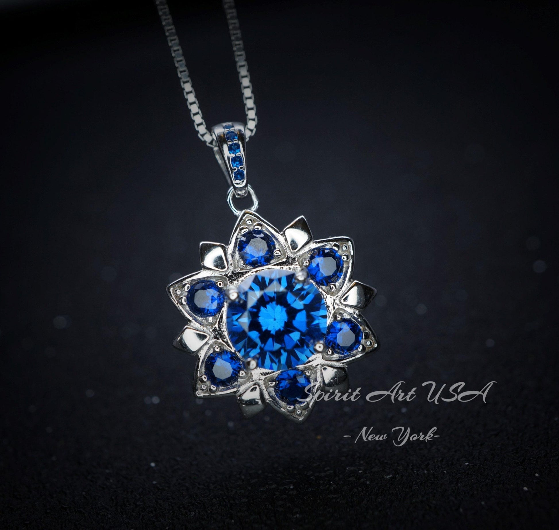 Blue Corundum @ Blue Sapphire Necklace - Blue Sapphire Pendant - 18KGP @ Sterling Silver - Unique Blue corundum 6 Petal Flower Necklace #695