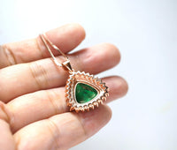 Large Triangle green emerald Necklace - Rose Gold Coated Sterling Silver High Quality Trillion Cut 8 CT Emerald Pendant #724