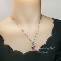 Ruby Necklace Sterling Silver - Double Heart Necklace - White Gold coated July Birthstone #649