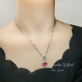 Ruby Necklace Sterling Silver - Double Heart Necklace - White Gold coated July Birthstone #649