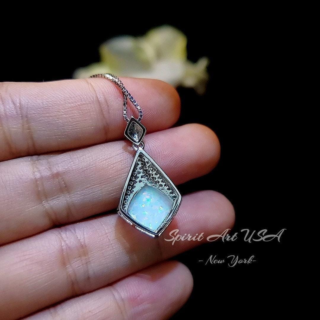 Rhombic Style White Opal Necklace - 18KGP Sterling Silver - Diamond Cushion Cut - Large White Synthetic Opal Pendant October Birthstone #968