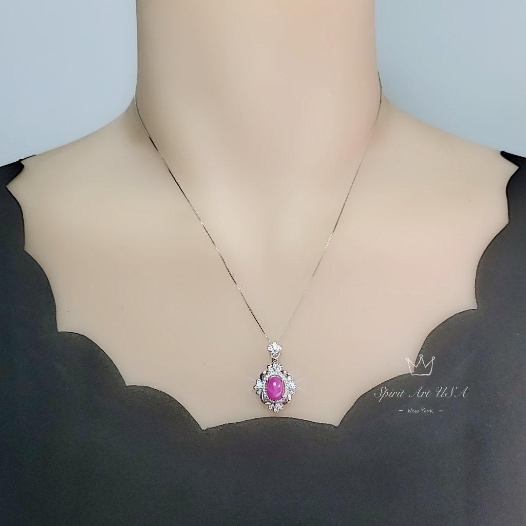 Star Ruby Necklace - Gemstone Royal Flower Ruby Pendant - 18KGP @ Sterling Silver - July Birthstone #749