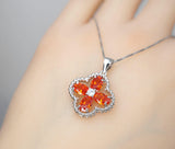 Red Orange Sunstone Necklace - Four leaf clover Tangerine Orange Sapphire Pendant - Sterling Silver Spessartite Garnet Jewelry 046