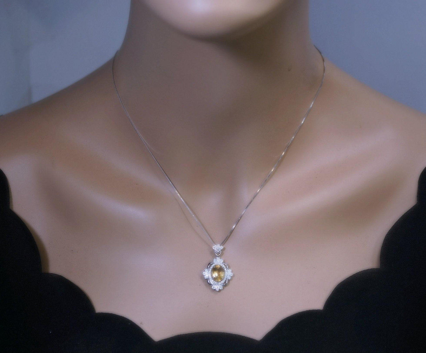 Genuine Citrine Necklace Sterling Silver Flower 2.1 CT Yellow Gemstone Pendant November Birthstone 18kgp #716