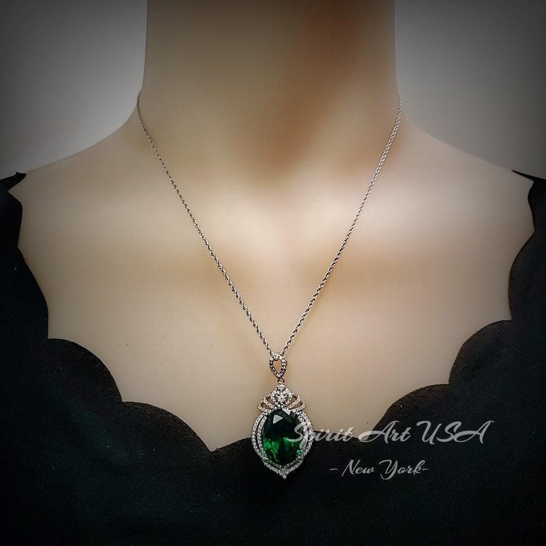 13 CT Large Emerald Necklace Royal Crown Oval Emerald Pendant Green Gemstone Jewelry Sterling Silver White Gold plated #914