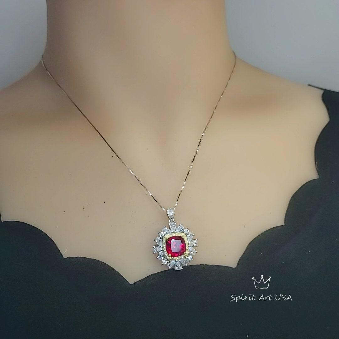Luxury Square 7 CT Red Ruby Necklace, Gemstone Surround 18KGP @ Sterling Silver - Asscher Cut Large 10 MM Red Ruby Pendant #807