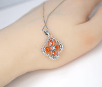 Red Orange Sunstone Necklace - Four leaf clover Tangerine Orange Sapphire Pendant - Sterling Silver Spessartite Garnet Jewelry 046