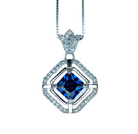 Square Blue Sapphire Necklace - White Gold plated Sterling Silver - 1 CT Blue Sapphire Pendant - Dainty Double Halo Tiny Crown Flower #392