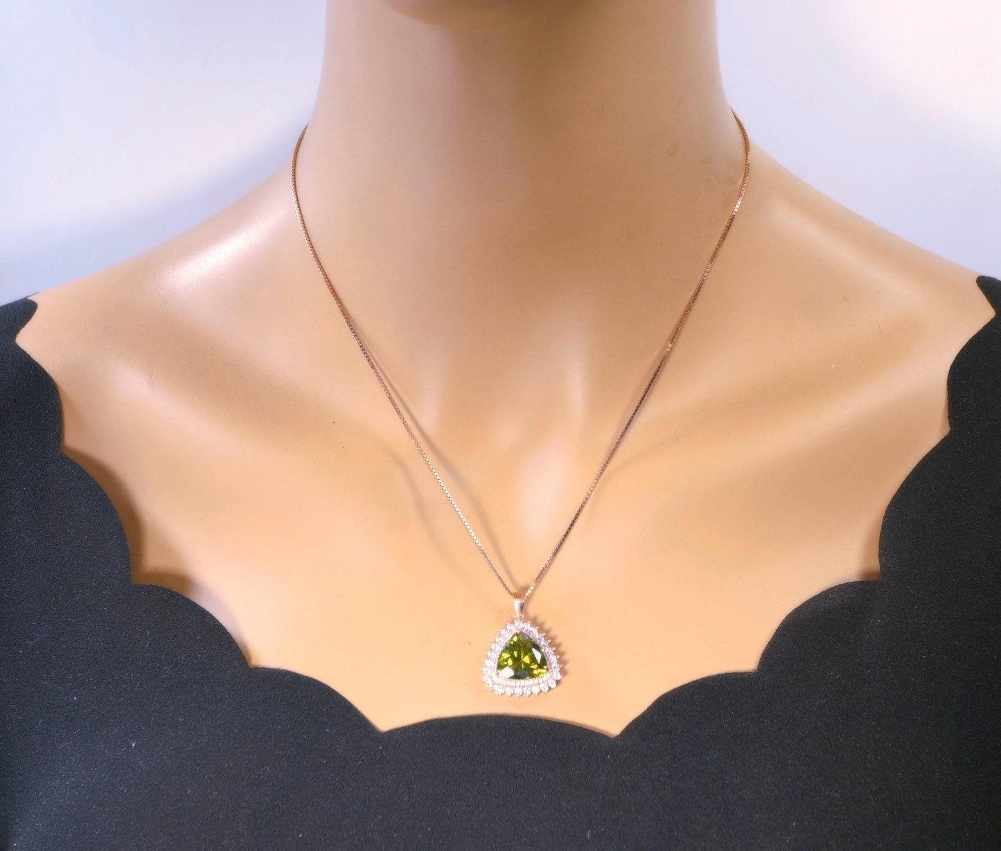 Large Triangle Green Peridot Necklace - Rose Gold Coated Sterling Silver High Quality Trillion Cut 8 CT Peridot Pendant #727