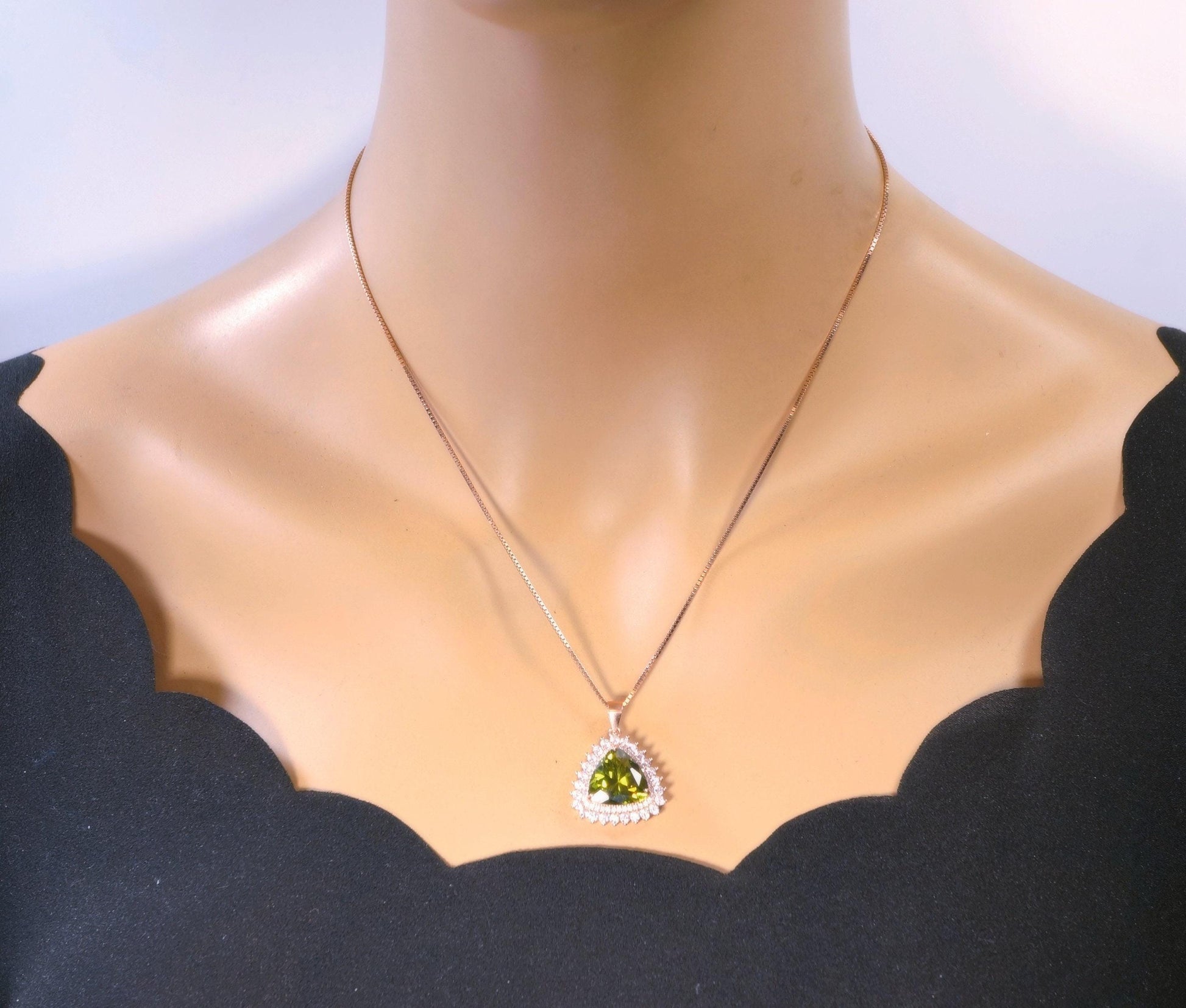 Large Triangle Green Peridot Necklace - Rose Gold Coated Sterling Silver High Quality Trillion Cut 8 CT Peridot Pendant #727