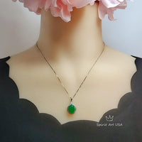 Gorgeous Green Jade Necklace - Diamond Halo Sterling Silver White Gold coated Green Jade Pendant 1038