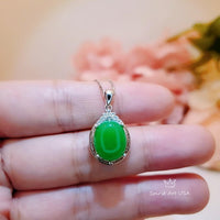 Gorgeous Green Jade Necklace - Diamond Halo Sterling Silver White Gold coated Green Jade Pendant 1038