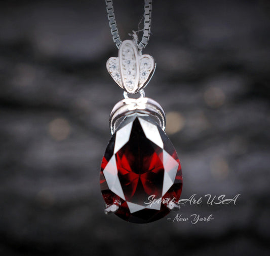 Large Teardrop Garnet Necklace - Sterling Silver Gemstone Royal Pear Lab Created Deep Orange Red Garnet Pendant Jewelry 6.5 CT #667