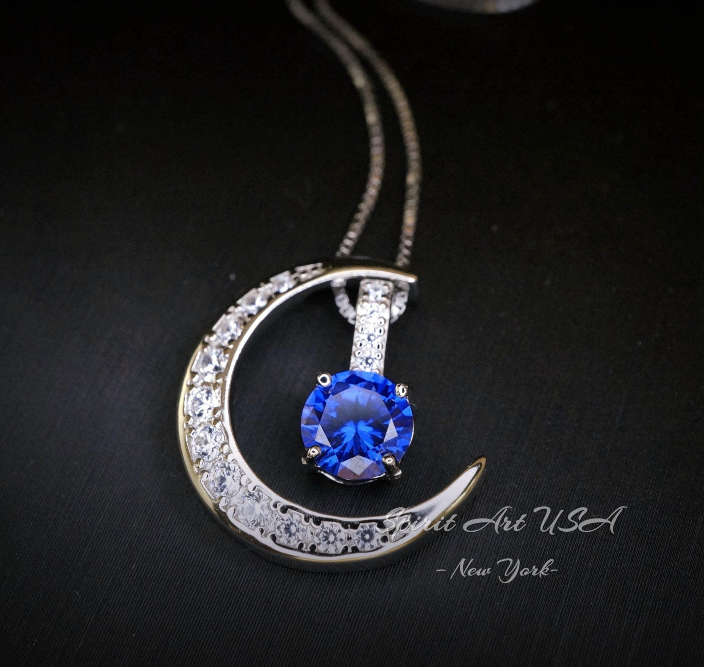 Blue Tanzanite Necklace - Gemstone Moon Pendant - 18KGP Sterling Silver - Crescent Two Separated Pendant Tiny December Birthstone #232