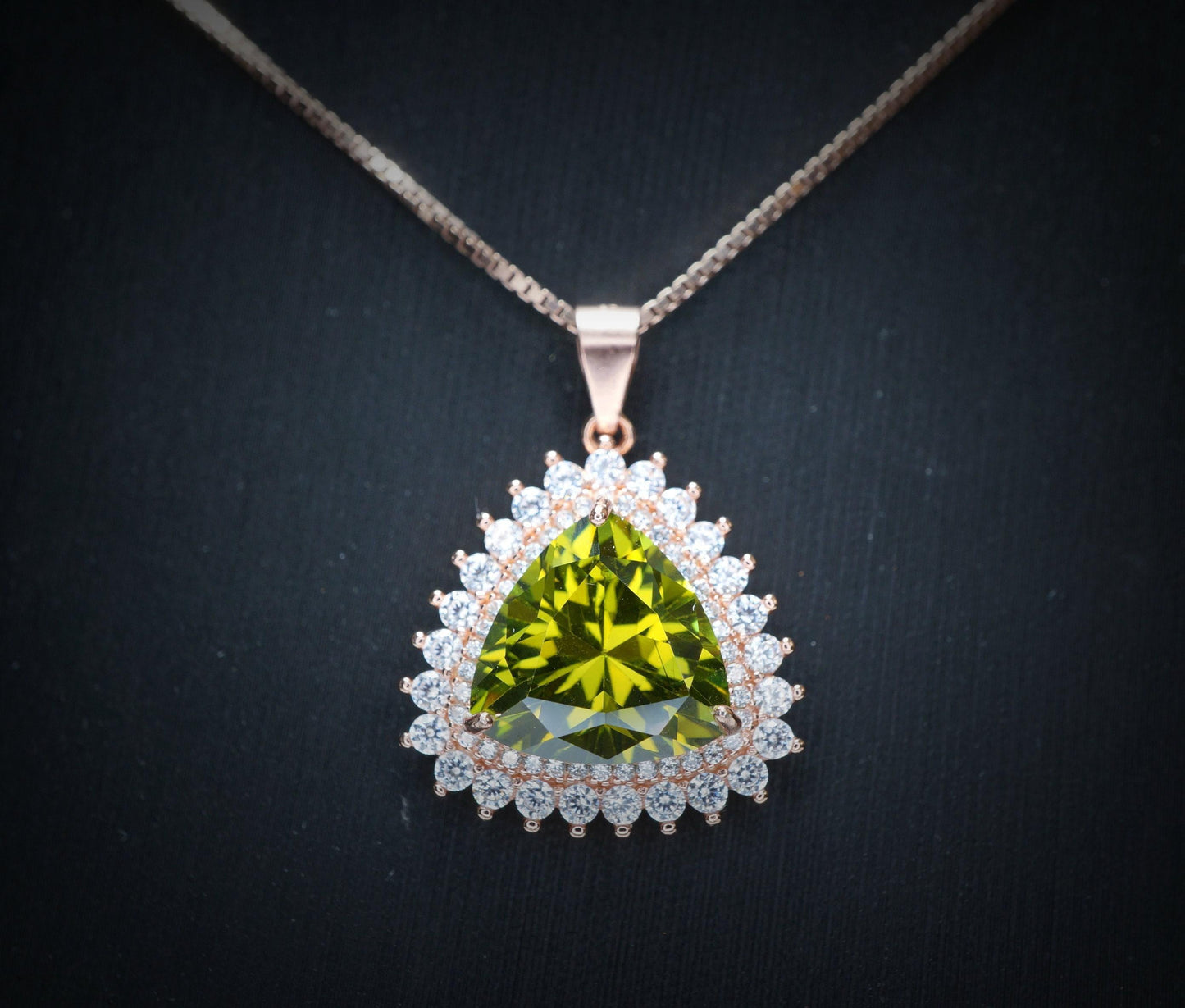 Large Triangle Green Peridot Necklace - Rose Gold Coated Sterling Silver High Quality Trillion Cut 8 CT Peridot Pendant #727