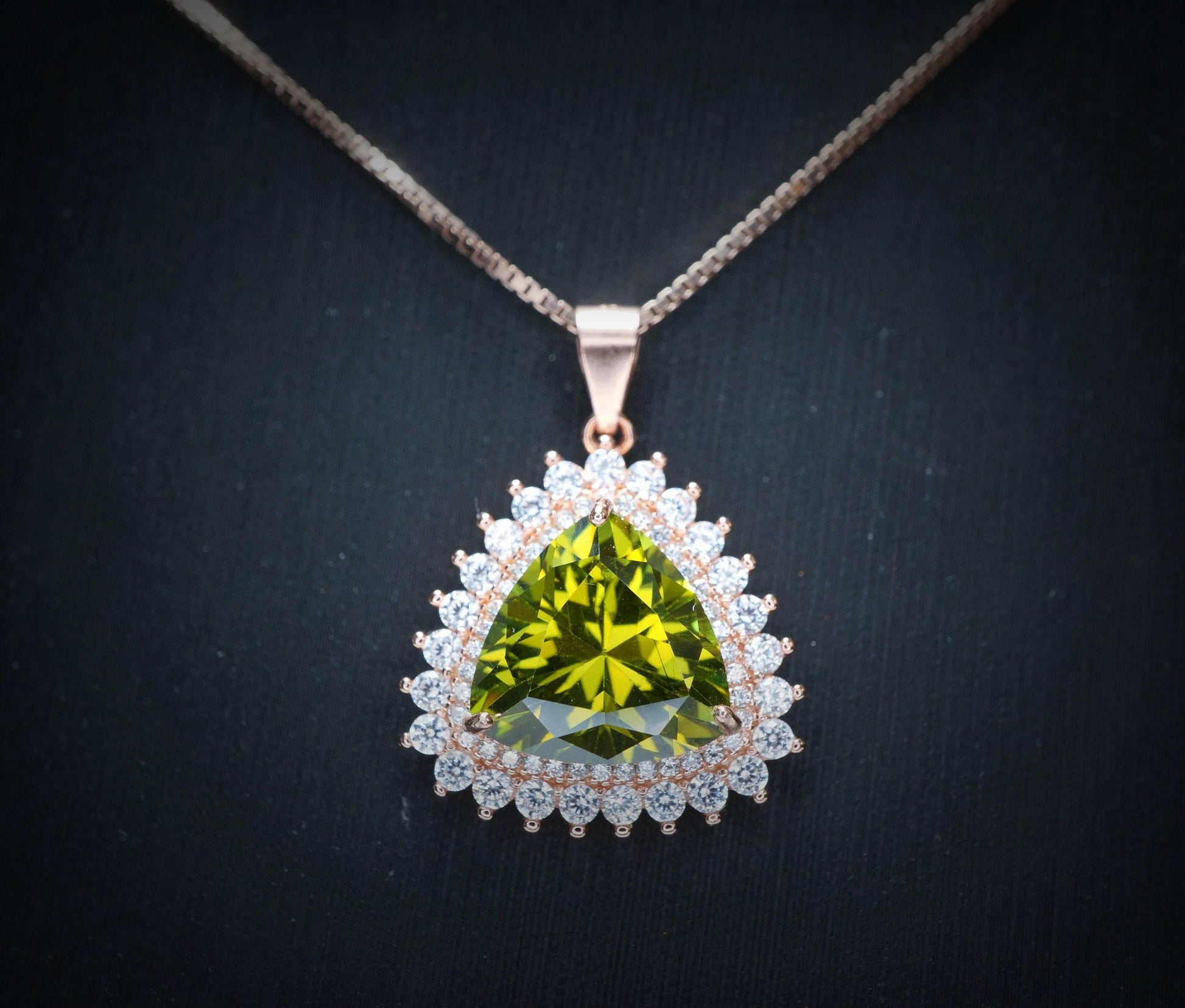 Large Triangle Green Peridot Necklace - Rose Gold Coated Sterling Silver High Quality Trillion Cut 8 CT Peridot Pendant #727