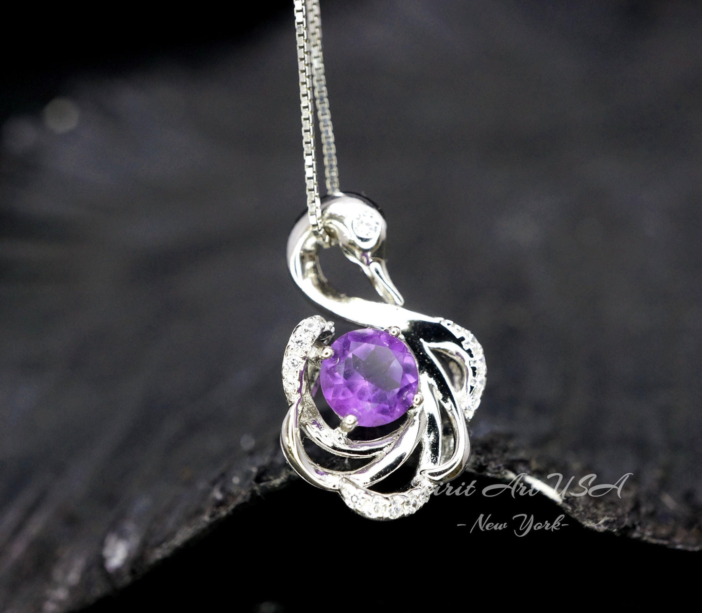 Gemstone Swan Genuine Amethyst Necklace - 18KGP @925 Sterling Silver Round Natural Amethyst Pendant #411