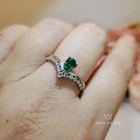 Tiny Teardrop Emerald Ring - Sterling Silver White gold coated Royal Wave Green Gemstone statement Ring 1064
