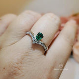 Tiny Teardrop Emerald Ring - Sterling Silver White gold coated Royal Wave Green Gemstone statement Ring 1064