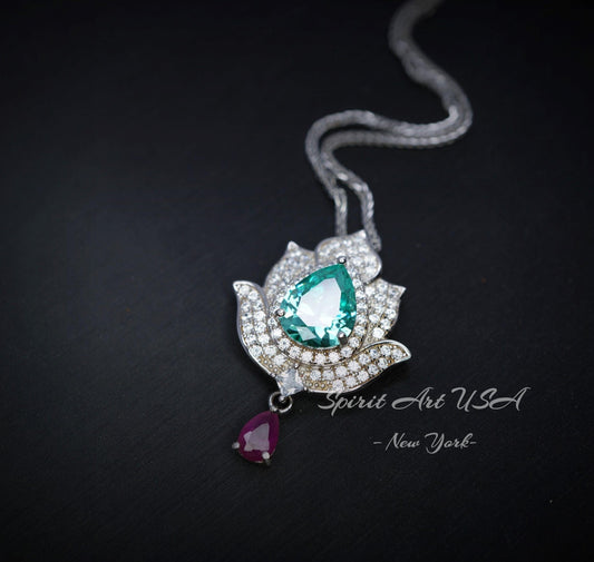 Green Paraiba Tourmaline Necklace - 18KGP @ Sterling Silver - Gemstone Lotus Flower Necklace - Large Paraiba Pendant #923