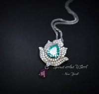 Green Paraiba Tourmaline Necklace - 18KGP @ Sterling Silver - Gemstone Lotus Flower Necklace - Large Paraiba Pendant #923