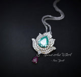 Green Paraiba Tourmaline Necklace - 18KGP @ Sterling Silver - Gemstone Lotus Flower Necklace - Large Paraiba Pendant #923